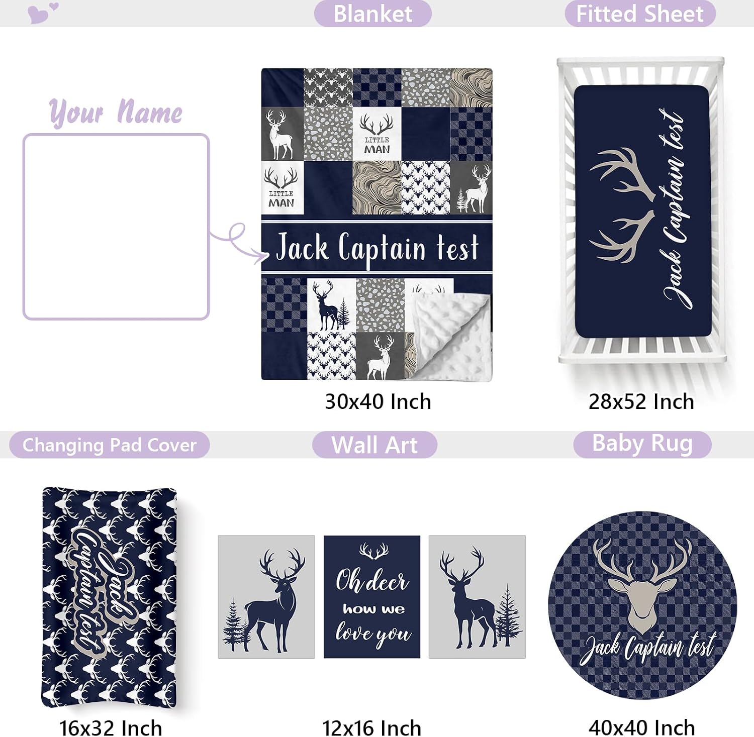 Personalized Baby Crib Bedding Set, 5 Pcs Custom Name Nursery Bedding Set for Girls Boys, Blue Woodland Deer Baby Crib Set for Toddlers Infants, Double Layer Bedding Crib Sets Customized Gifts