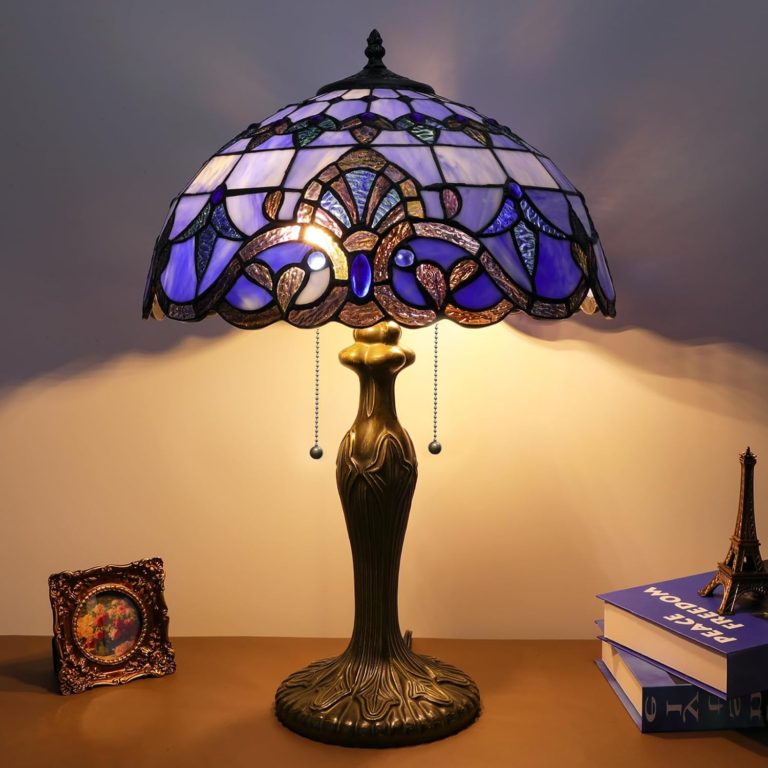 Stained Glass Table Lamp, Adjustable 3 Color Temperature,Blue Baroque Style Lampshade & Plant Texture Curve Antique Base Desk Reading Light 16X16X24 Inches Decor for Bedroom Living Room Office