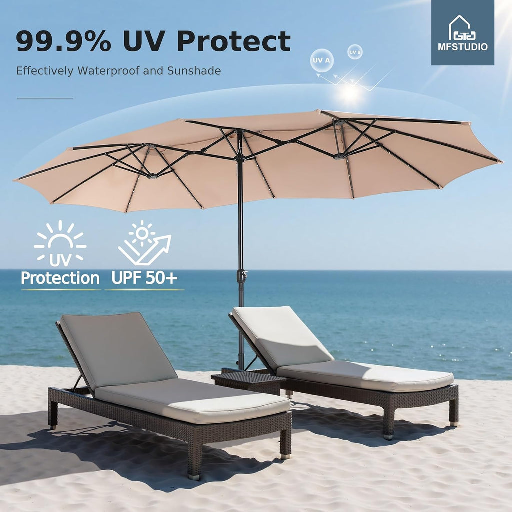 MFSTUDIO 15ft Double Sided Patio Umbrella with Solar Lights, Outdoor Large Umbrellas with Crank Handle and 36 LED Lights, Rectangular Market Umbrella with Base Included for Deck Pool Shade, Beige