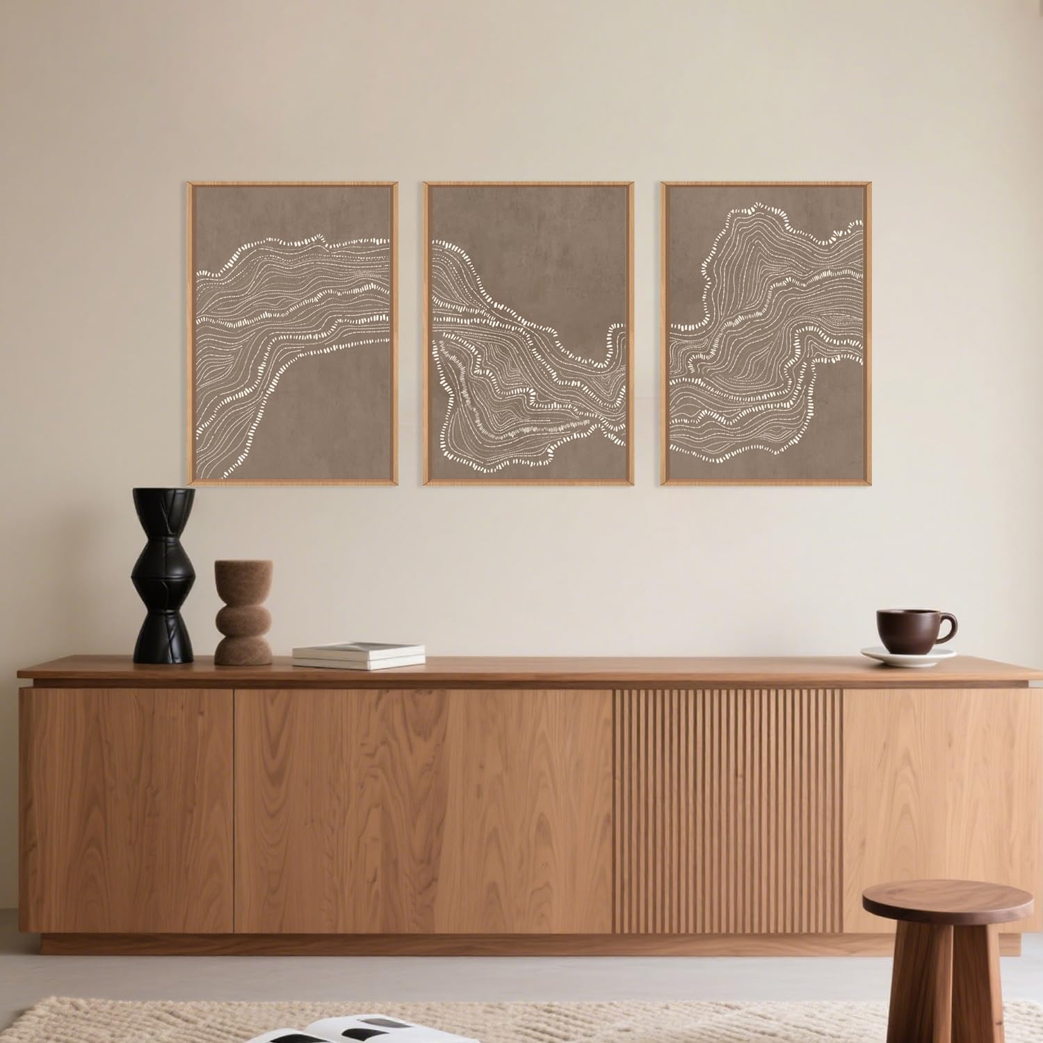 Abstract Line Wave Framed Canvas Wall Art Set,Geometric White Tan Dot Art Painting,Modern Minimalism Wall Decor,Neutral Art Print for Living Room,Bedroom,Dining Room,Office Decor-24 x36 x3