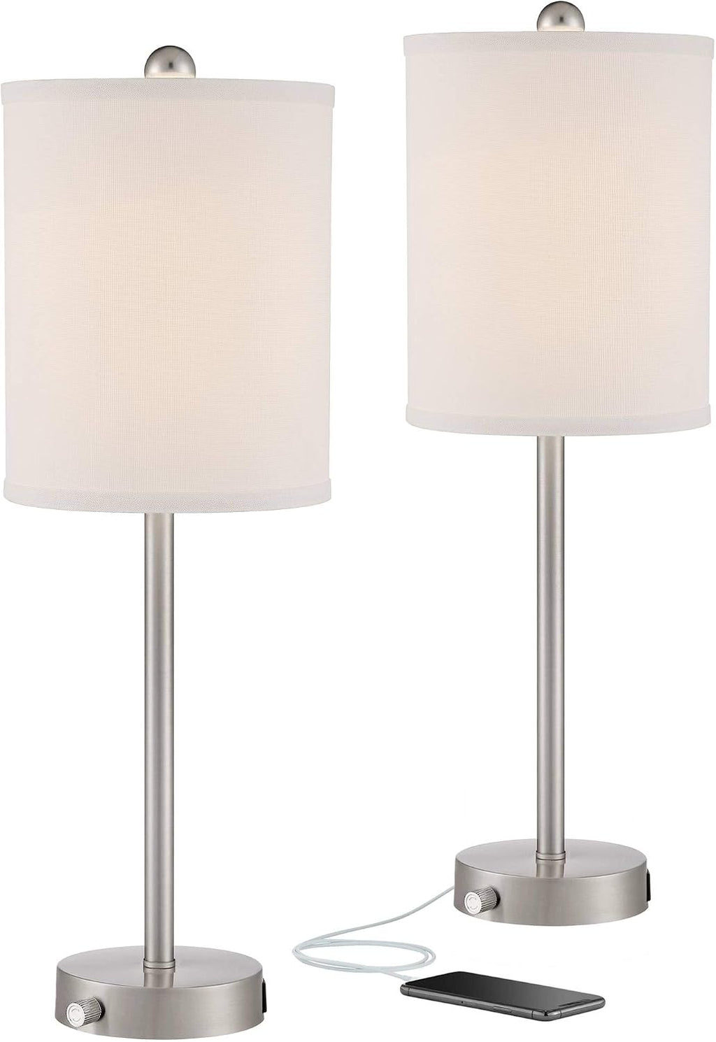 360 Lighting Trotter 23.75' High Set of 2 Modern Table Lamps with Dimmable USB Charging Ports A+C and AC Power Outlet Brushed Nickel White Fabric Cylinder Living Room Desk Bedroom House Bedside Home