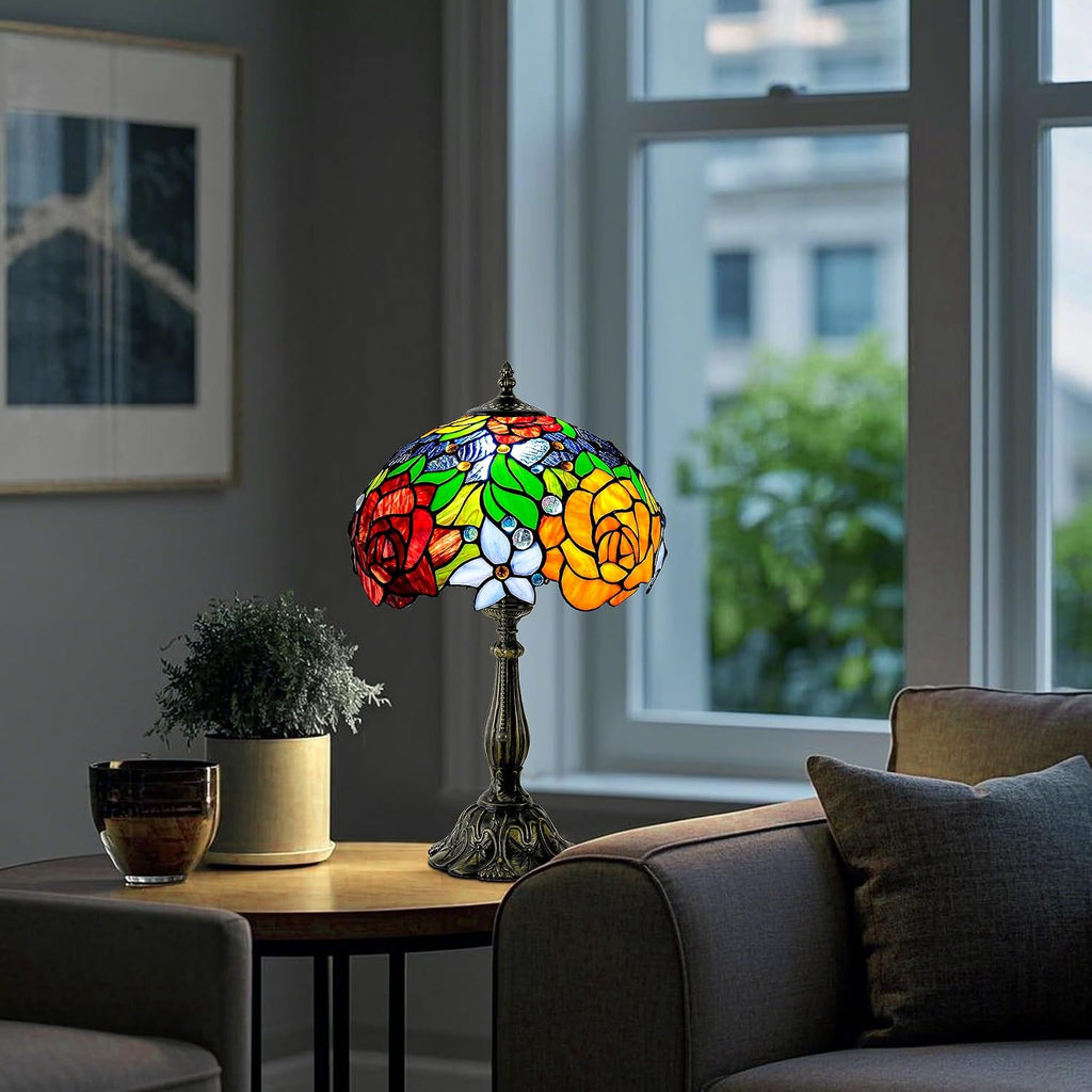 Tiffany Style Stained Glass Table Lamp, Floral Pattern Desk Light with Antique Bronze Resin Base, Red Roses Decorative Lighting for Bedroom, Living Room, Office 12X12X19 Inch
