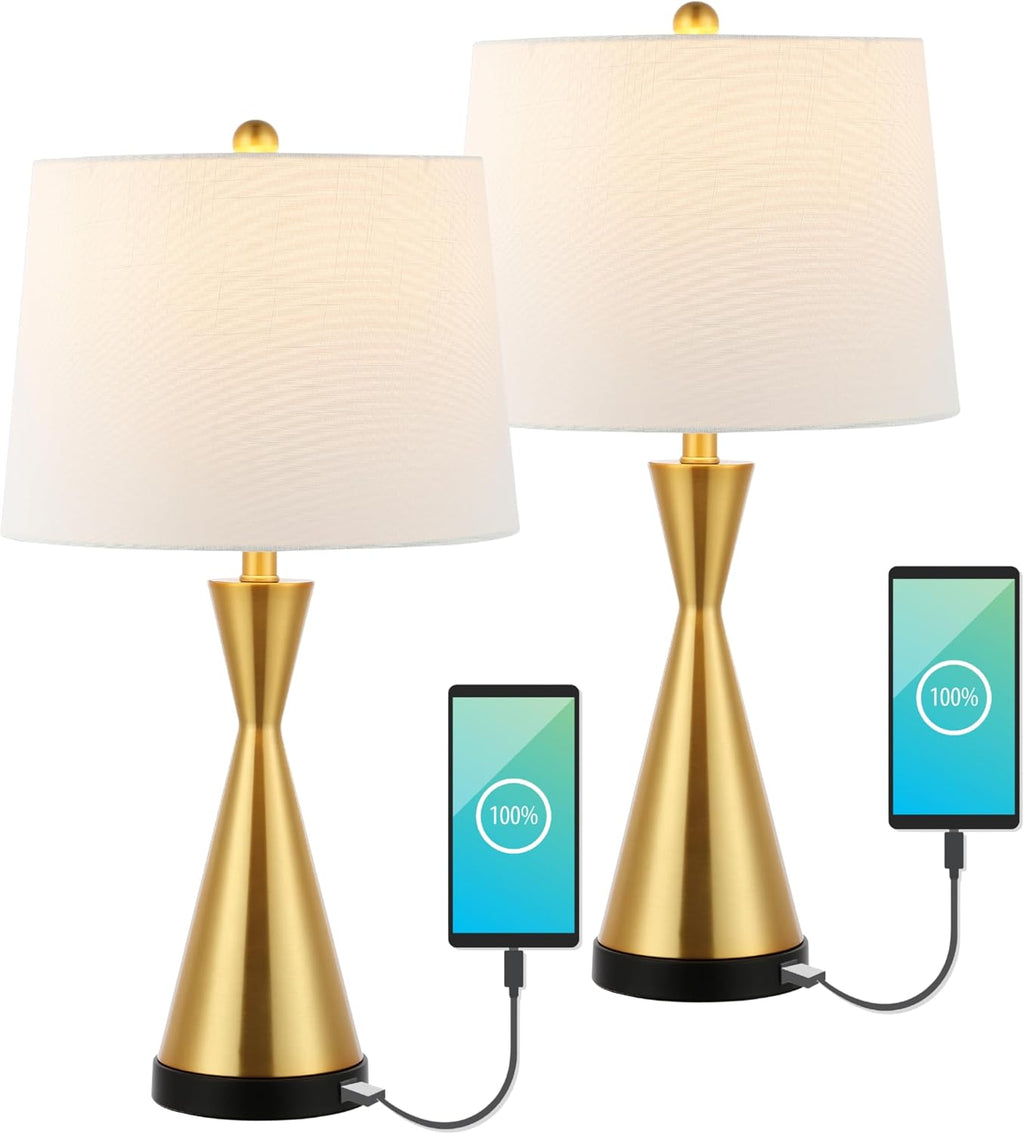 JONATHAN Y 26' Brass Gold Classic Iron LED Table Lamp with USB Port, Set of 2 for Bedroom, White Linen Shade, Farmhouse Midcentury Modern Bedside Nightstand Lamps, LED Bulbs (JYL4046B-SET2)