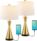 JONATHAN Y 26' Brass Gold Classic Iron LED Table Lamp with USB Port, Set of 2 for Bedroom, White Linen Shade, Farmhouse Midcentury Modern Bedside Nightstand Lamps, LED Bulbs (JYL4046B-SET2)