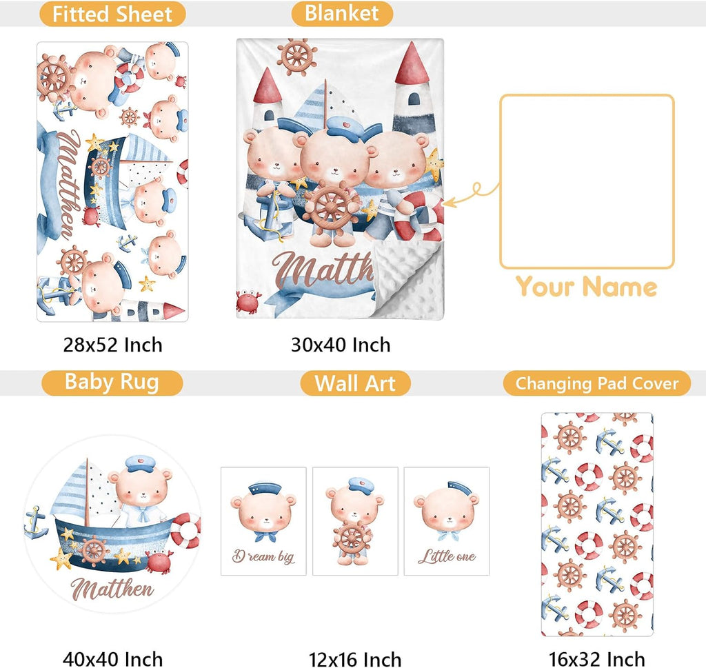 Terwex Custom Baby Bedding Set, 5 Pcs Customized Nursery Bedding Set with Name, Comfortable Double Layer Crib Sets for Boys Girls, Personalized Gifts for Infants Toddlers New Parents, Sailing Bear