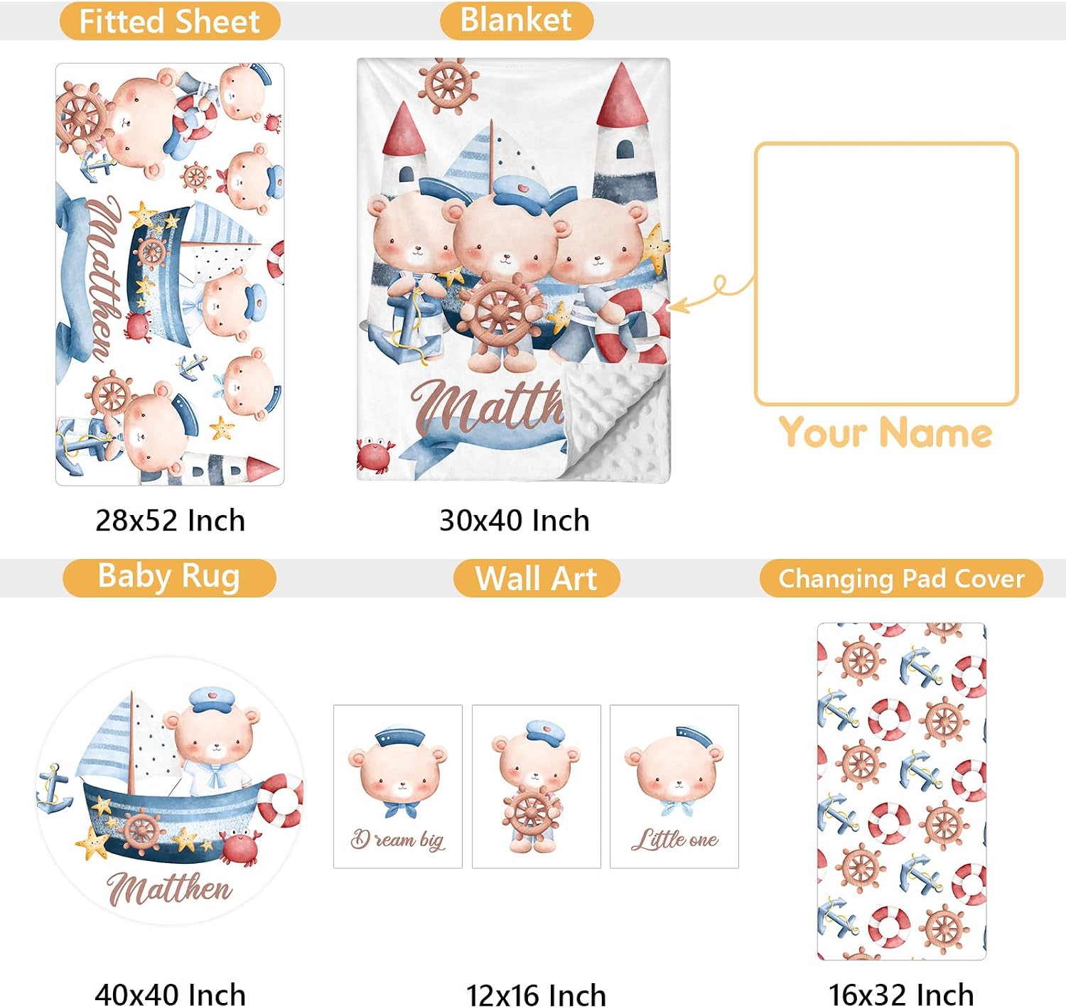Terwex Custom Baby Bedding Set, 5 Pcs Customized Nursery Bedding Set with Name, Comfortable Double Layer Crib Sets for Boys Girls, Personalized Gifts for Infants Toddlers New Parents, Sailing Bear