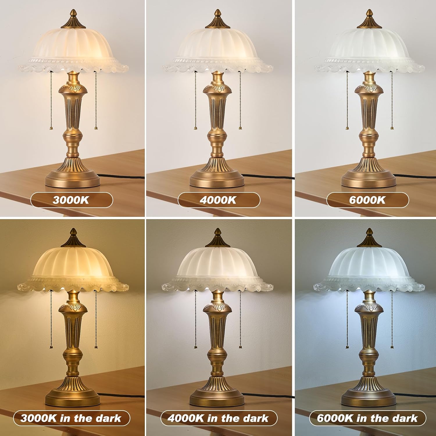 HDDFL Glass Shade Table Lamp 2 Lights Vintage Metal Desk Lamp with Plug Switch for Bedroom Living Room Home Office Brass and White