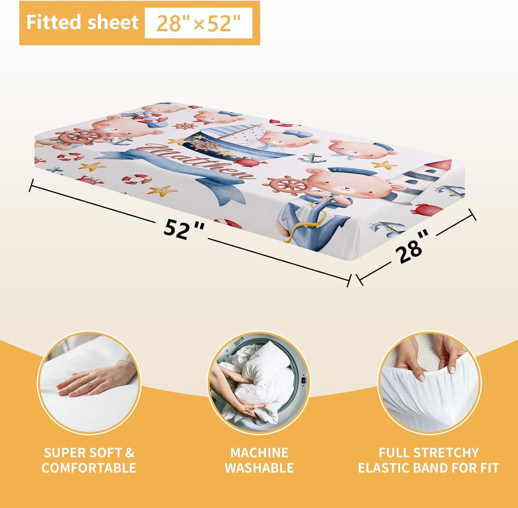 Terwex Custom Baby Bedding Set, 5 Pcs Customized Nursery Bedding Set with Name, Comfortable Double Layer Crib Sets for Boys Girls, Personalized Gifts for Infants Toddlers New Parents, Sailing Bear