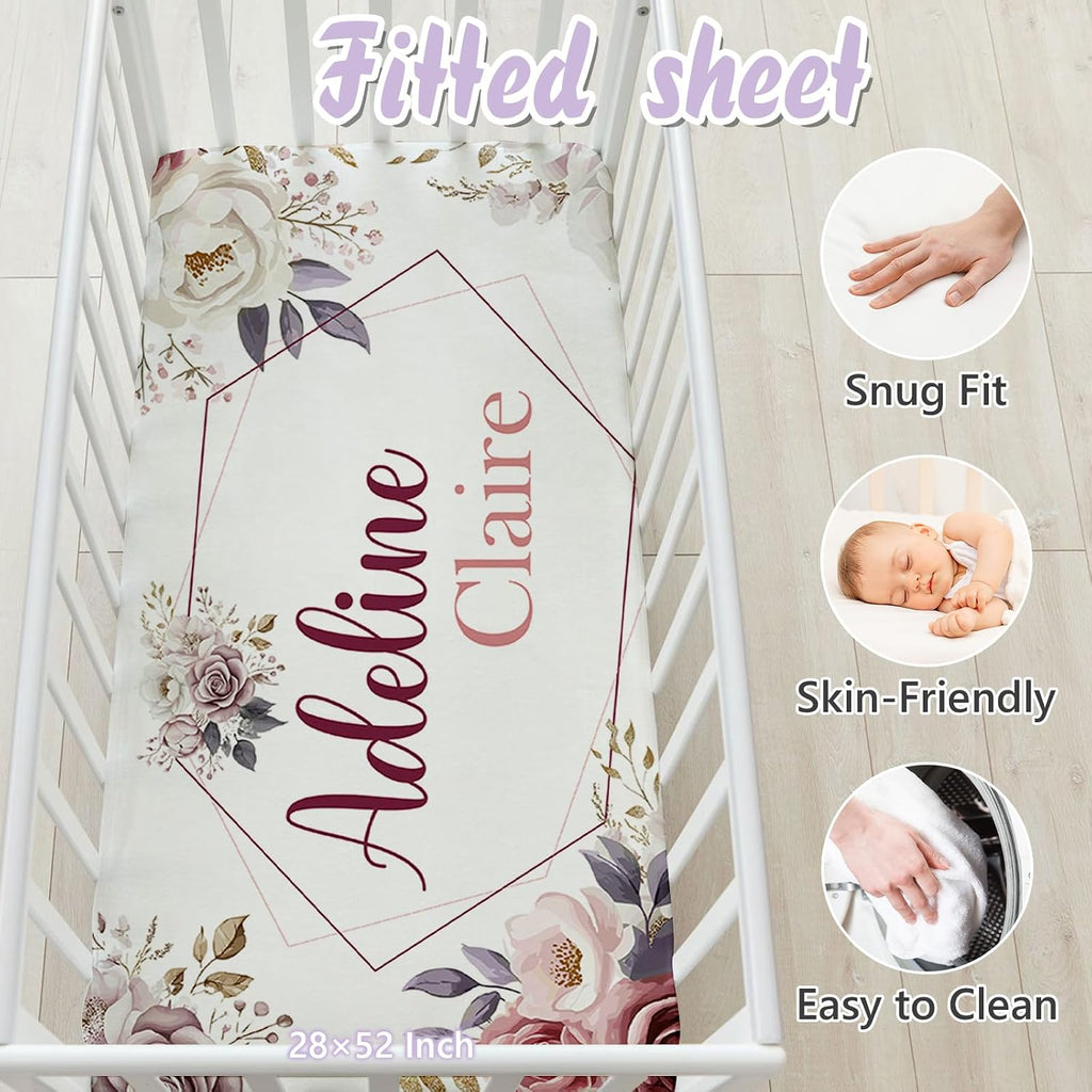 Personalized Baby Crib Bedding Set, 5 Pcs Custom Name Nursery Bedding Set for Girls Boys, Rose Baby Crib Set for Toddlers Infants, Double Layer Bedding Crib Sets Customized Gifts
