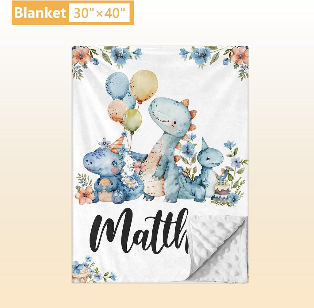 Terwex Custom Baby Crib Set - 5 Pcs Personalized Name Blue Dinosaur Crib Bedding Set for Infants Toddlers - Soft Double Layer Nursery Bedding Set for Boys - Customized Gifts for Baby Shower Birthday