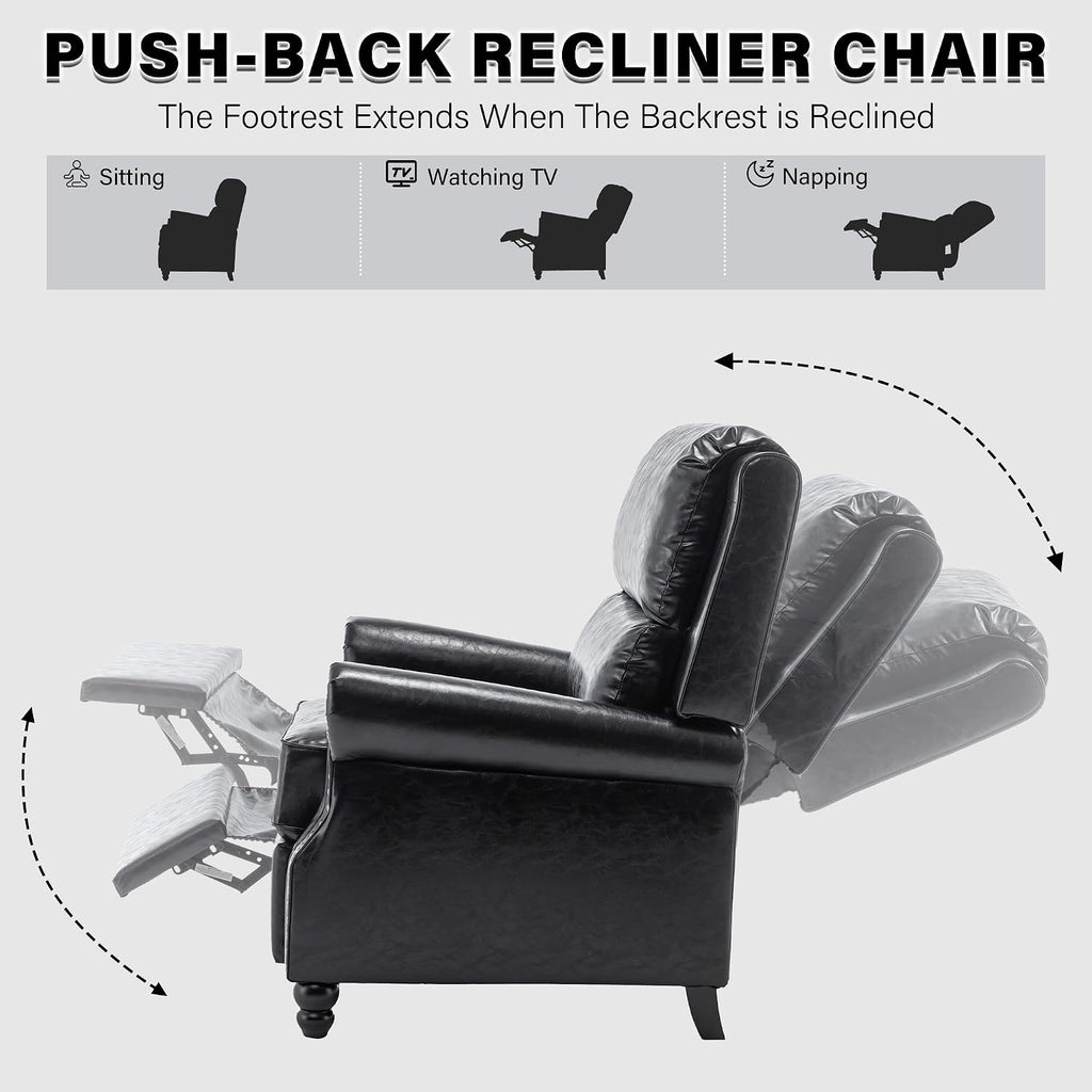 Pushback Recliner Chairs Set of 2, PU Leather Armchair Push Back Accent Chair, Rivet Trim Club Chair Home Theater Overstuffed Single Sofa Reading Seat for Living Room, Black