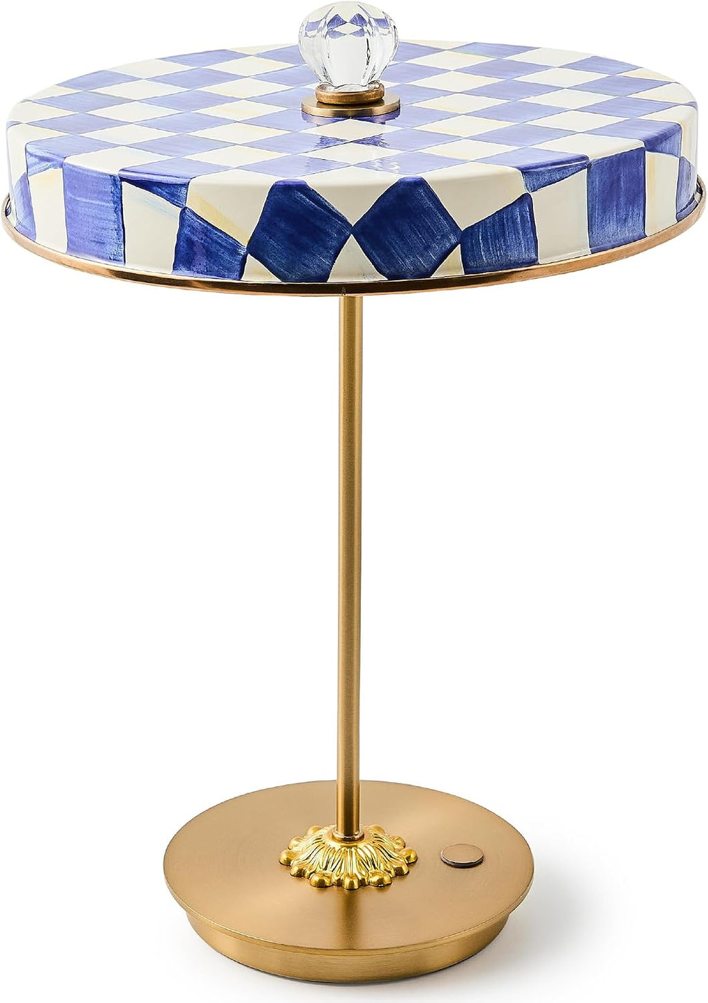 MACKENZIE-CHILDS LED Rechargeable Disk Table Lamp, Cordless Touch Lamp, Blue-and-White Royal Check