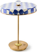 MACKENZIE-CHILDS LED Rechargeable Disk Table Lamp, Cordless Touch Lamp, Blue-and-White Royal Check