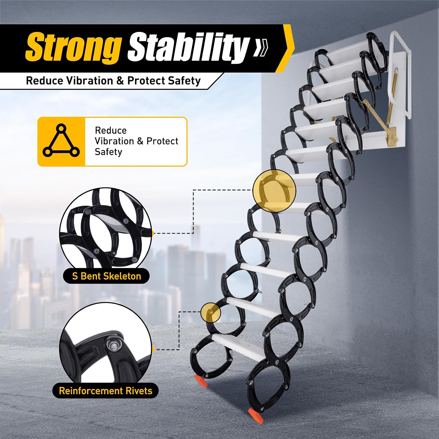 12 Steps Attic Ladder, Wall Mounted Pull Down Loft Steps Folding Stairs, 9.5-10.1Ft Height Aluminum Alloy Narrow Attic Extension Ladder w/Armrests for Basements Warehouses (12, Black2)