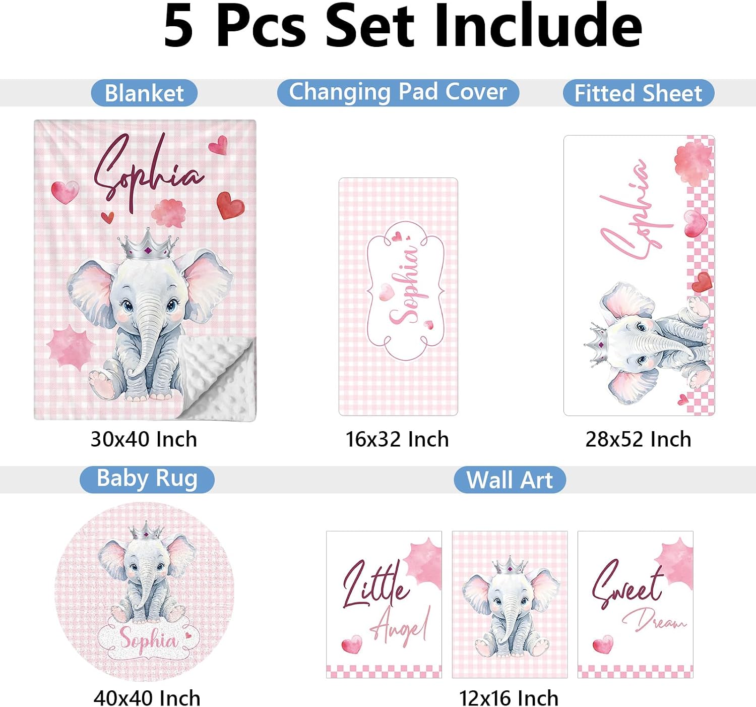 KAINSY Personalized Baby Crib Set, 5 Pcs Custom with Name, Soft Elephant Crib Bedding, Double Layer Toddler Infant Bedding, New Parents Gifts