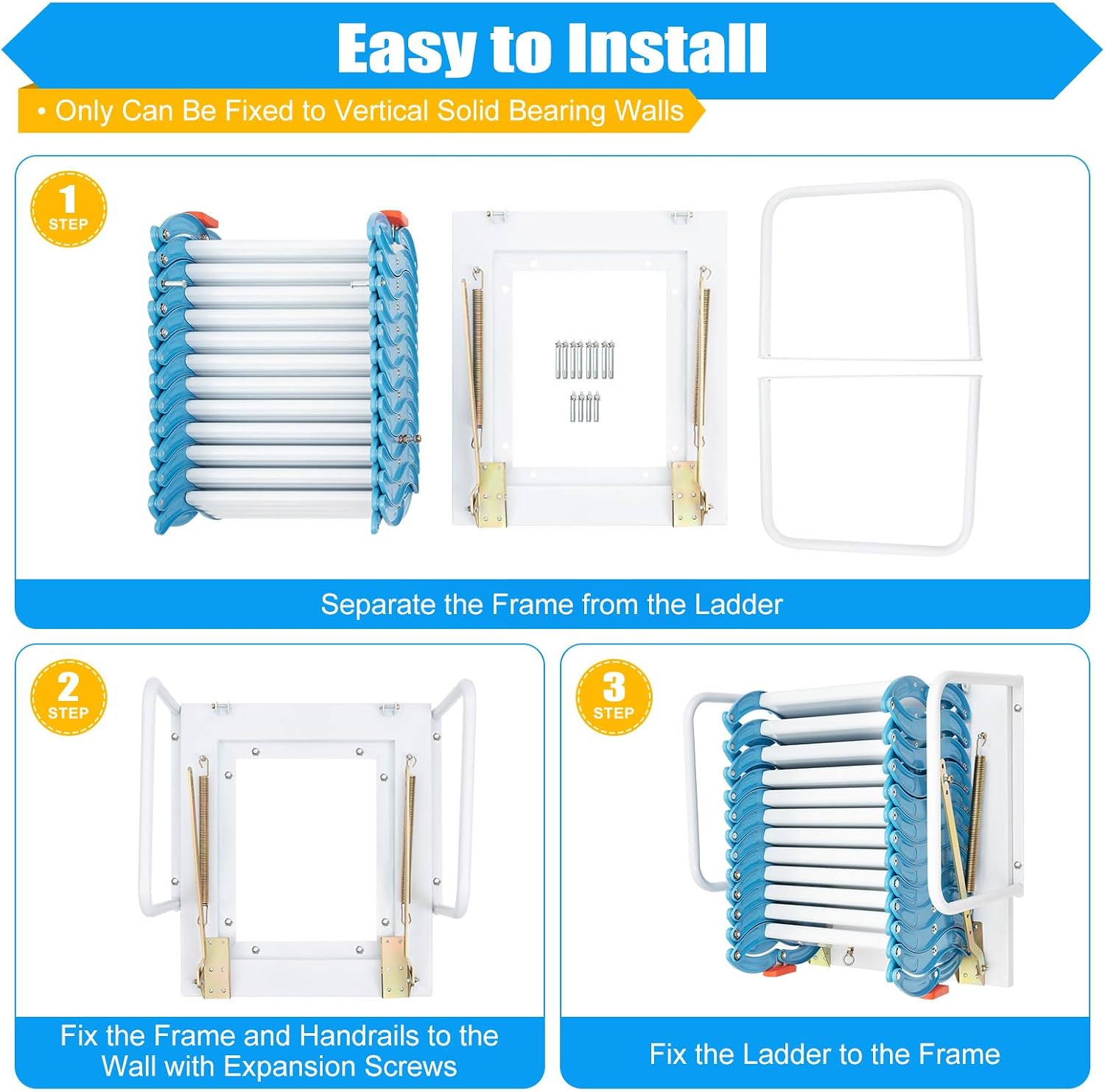 12 Steps Attic Ladder, Wall Mounted Pull Down Loft Steps Folding Stairs, 9.5-10.1Ft Height Aluminum Alloy Narrow Attic Extension Ladder w/Armrests for Basements Warehouses (12, Blue)