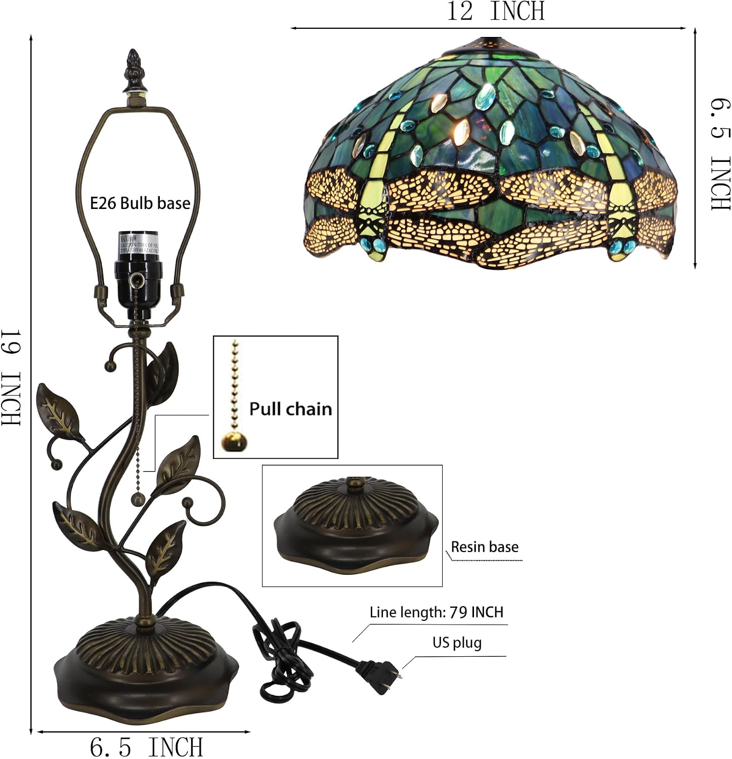 Tiffany Table Lamp, Stained Glass Desk Light, W12H19 Inch, Metal Leaf Base (Dragonfly Style)