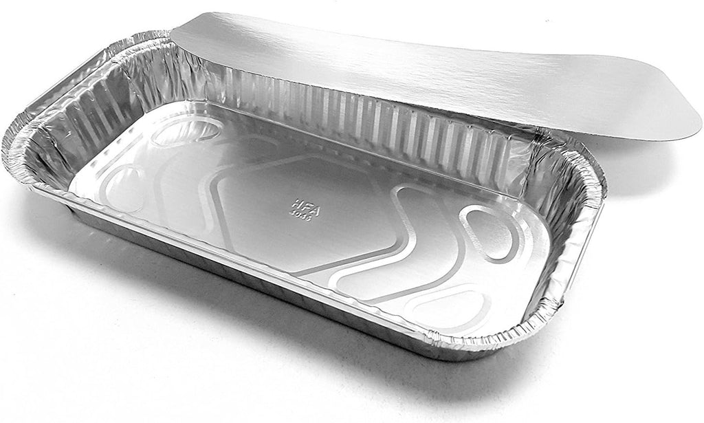 PACTOGO 3 lb. Oblong Aluminum Foil Entrée Take-Out Pan with Board Lid Disposable Containers 12.37' x 6.57' x 1.43' (Pack of 250 Sets)