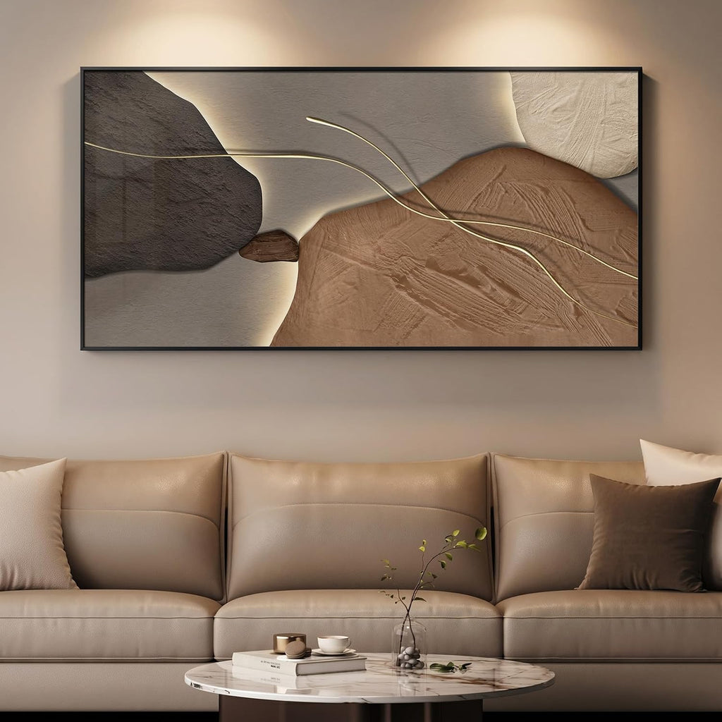 Framed Abstract Horizontal Wall Art for Living Room, Extra Large Brown and Tan Modern Artwork for Walls, Contemporary Elegant Picture Prints Paintings for Bedroom Dining Room Wall Decor, 56x28 Inch