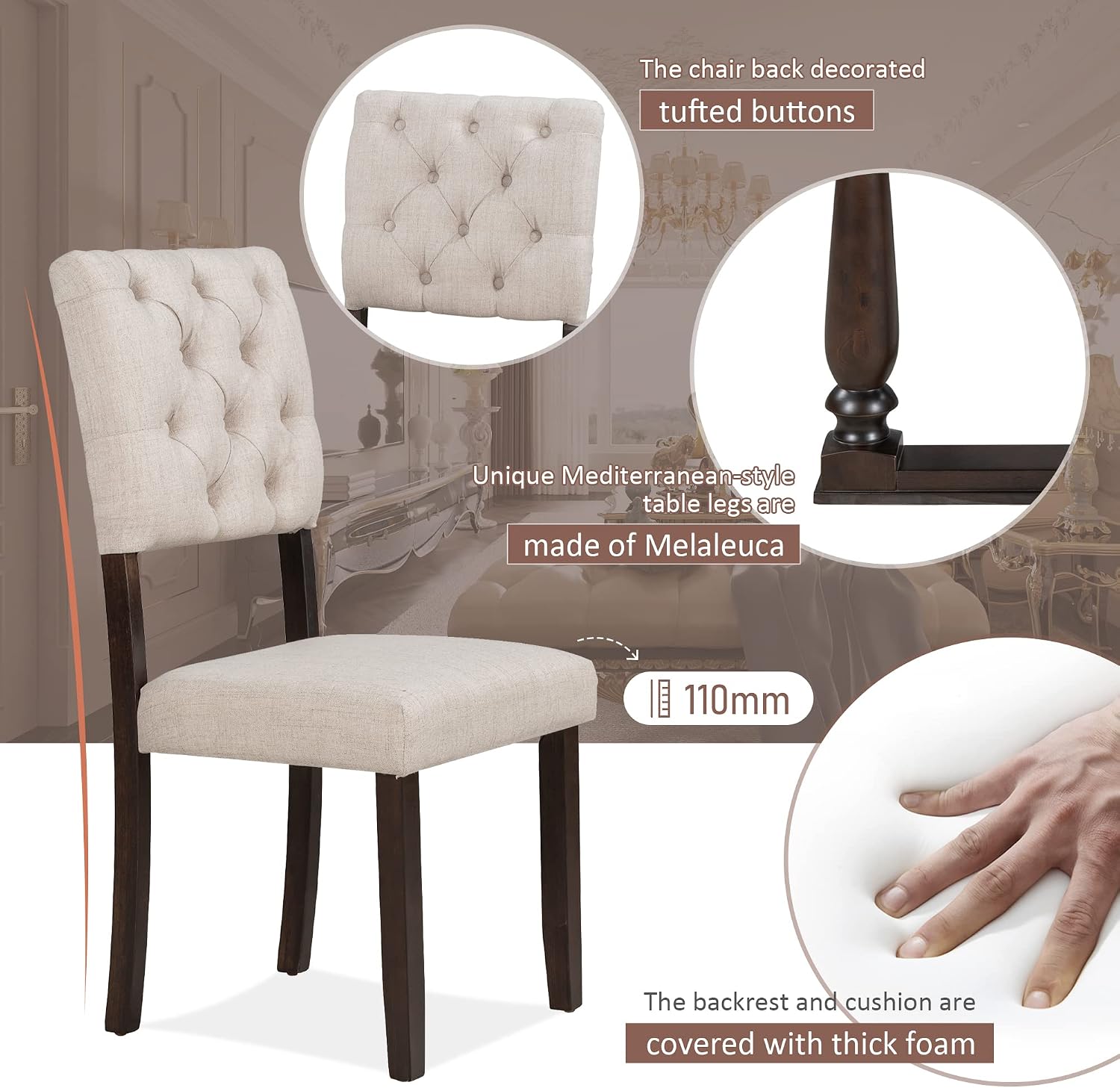 Retro 6-Piece Kitchen Dining Table Set with Comfortable Upholstery Chairs and Bench, Solid Wood Dining Table with Special-Shaped Legs, Suitable for Family Use (Espresso-Comfort)