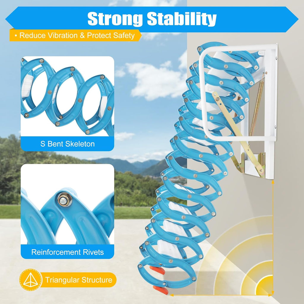 12 Steps Attic Ladder, Wall Mounted Pull Down Loft Steps Folding Stairs, 9.5-10.1Ft Height Aluminum Alloy Narrow Attic Extension Ladder w/Armrests for Basements Warehouses (12, Blue)