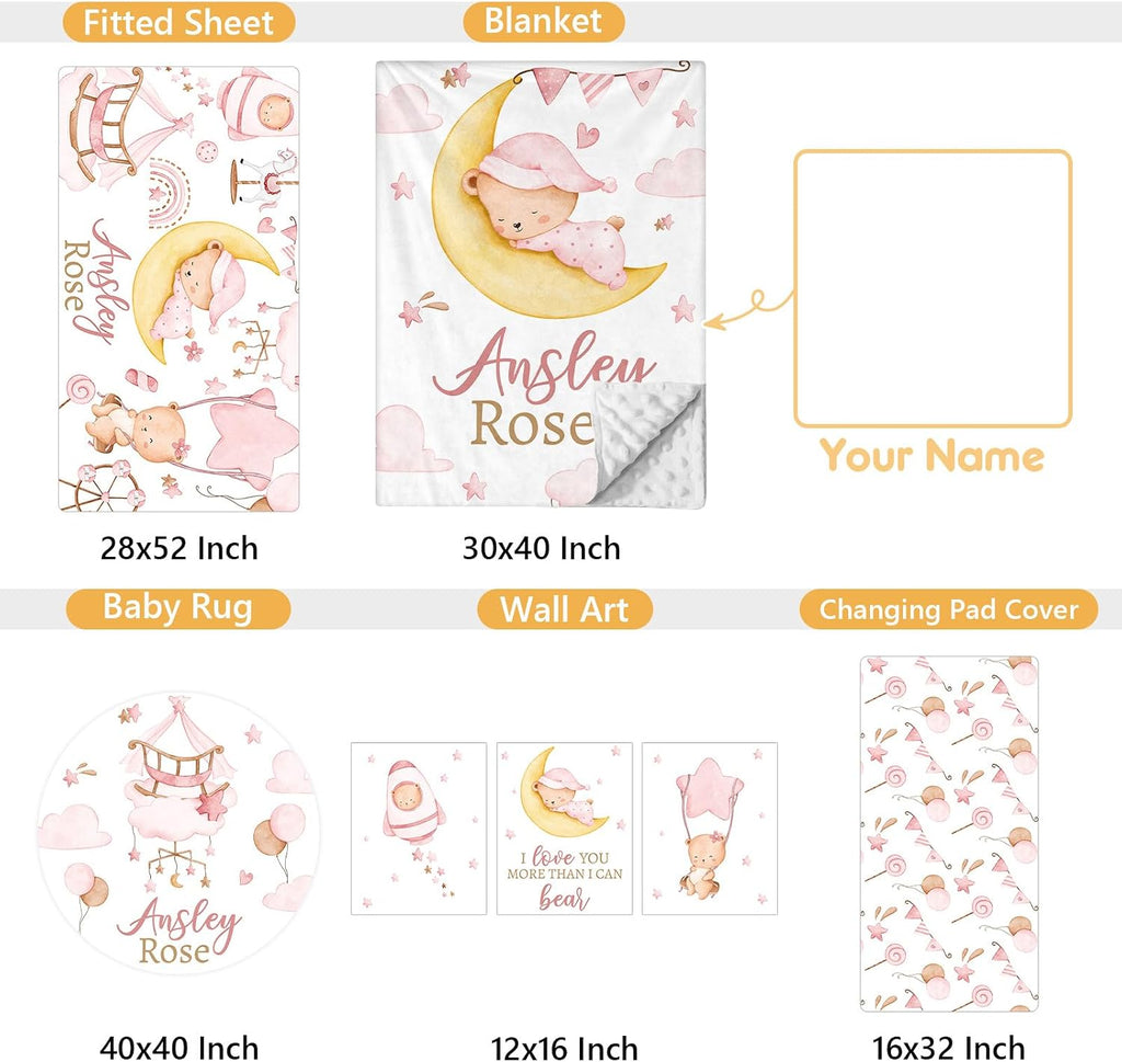 Terwex Custom Crib Bedding Set, 5 Pcs Customized Baby Crib Set with Name, Soft Double Layer Nursery Baby Bedding Set for Girls Boys, Personalized for Infants Toddlers, Pink Moon Bear