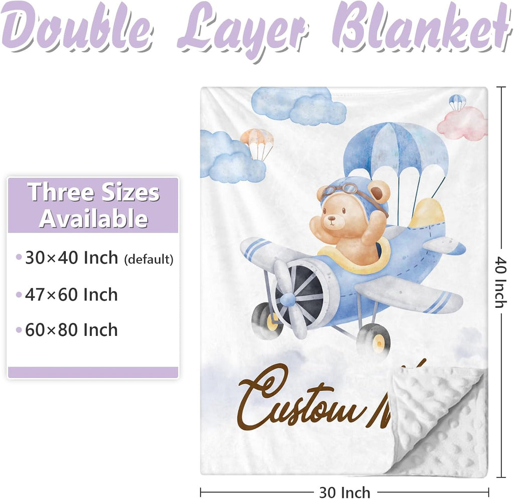 Custom Baby Crib Bedding Set, 5 PCS Personalized Name Baby Crib Sets for Girls Boys, Pilot Bear Theme Nursery Bedding Sets for Infant Toddler, Double Layer Flannel Bed Set Customized Gifts