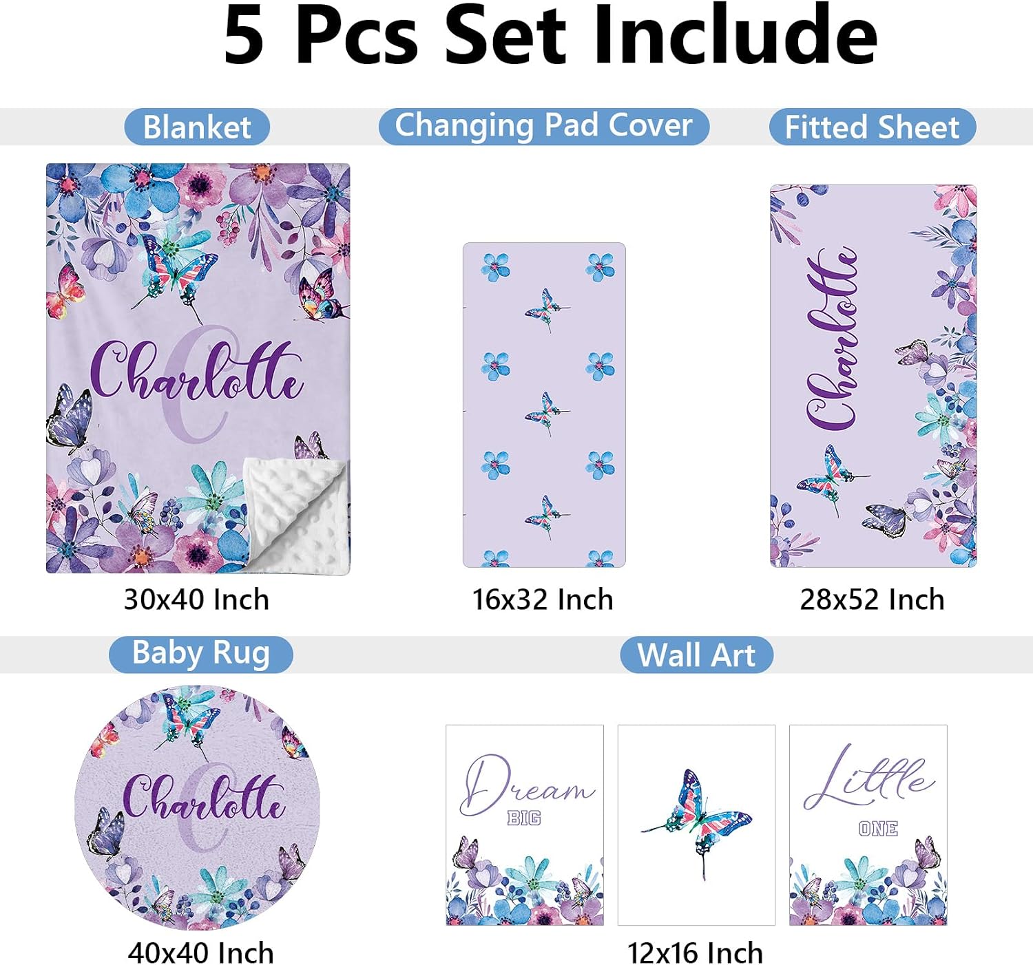 KAINSY Personalized 5-Piece Crib Set, Custom Bedding With Name for Girls, Purple Butterfly Nursery Set, Gifts for Infants, Toddlers, New Parents