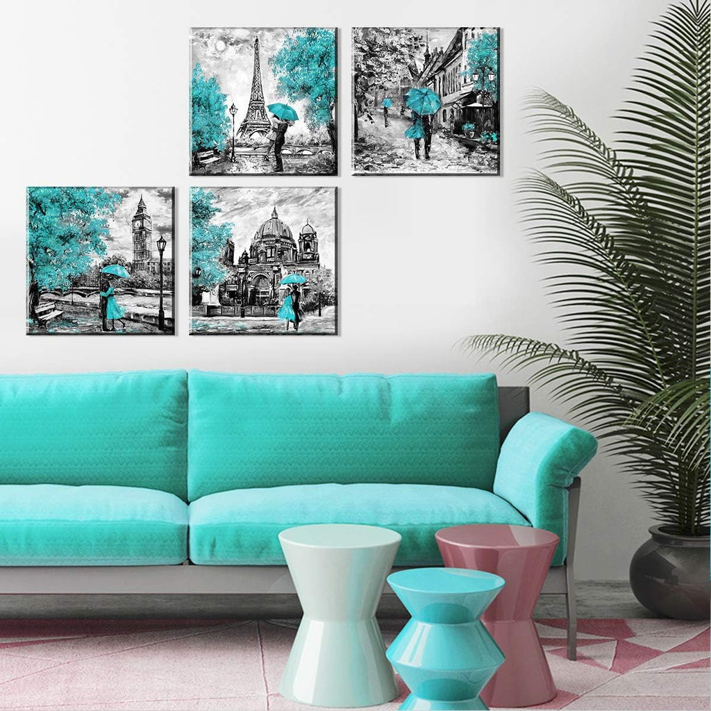 Teal Eiffel Tower Wall Decor Paris Theme Wall Art for Bedroom Black and White Berlin Street Canvas Prints London Big Ben Paintings Pictures Modern Romantic Artwork Home Decorations 24x24' 4Pcs/Sets