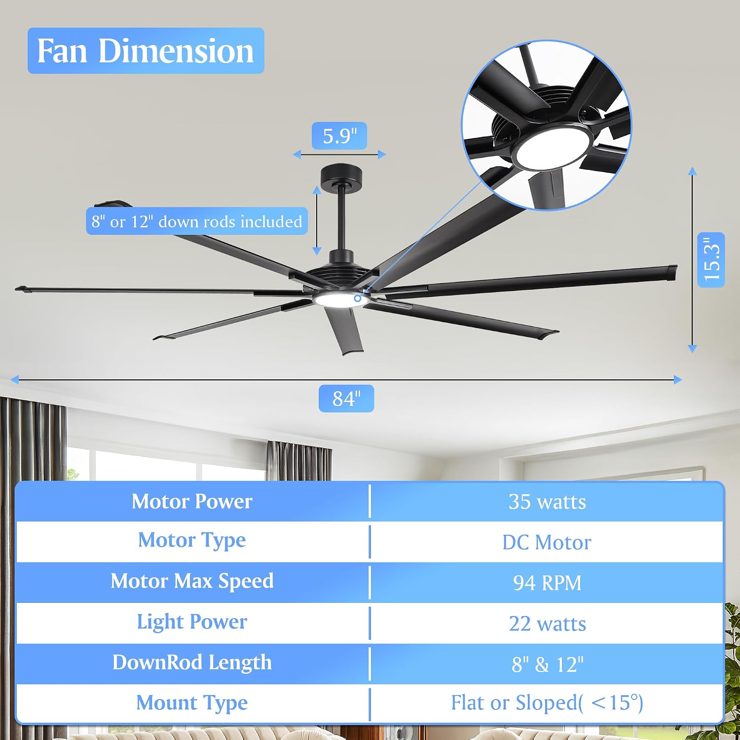 Industrial Ceiling Fans with Lights and Remote, 84 Inch Black Large Ceiling Fan with Dimmable Light, Outdoor Ceiling Fans for Patio, Living Room, Garage, 6-Speed Reversible DC Motor, 7 Aluminum Blades