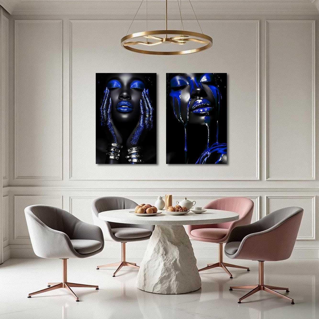BJYCHG 2Pcs African American Canvas Wall Art Abstract Black Woman Face Painting Prints Fashion Black Female Portrait Poster Pictures Modern Girl Bedroom Room Decor (Blue, (24x36inx2 Pieces))