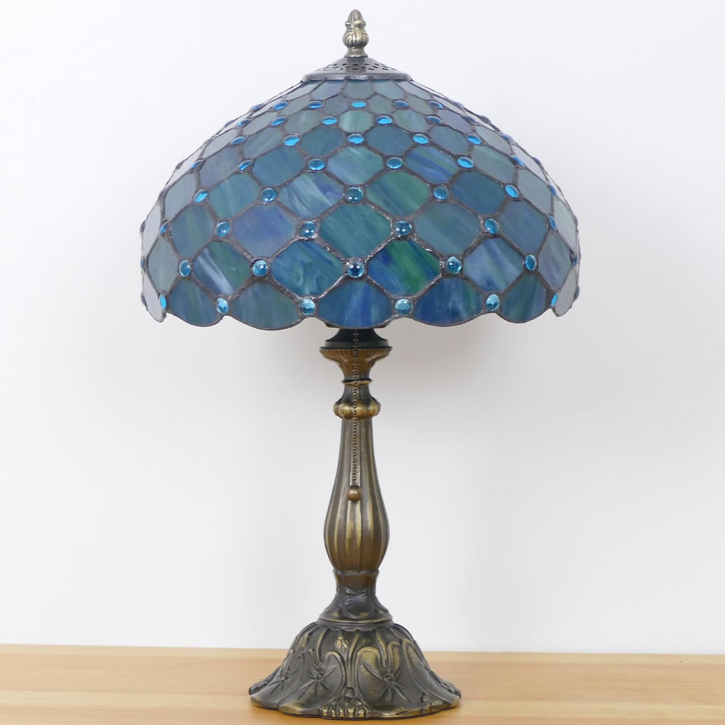Tiffany Lamp Stained Glass Table Lamp Antique Bedside Reading Light W12H19 Inches (Sea Blue Pearl)