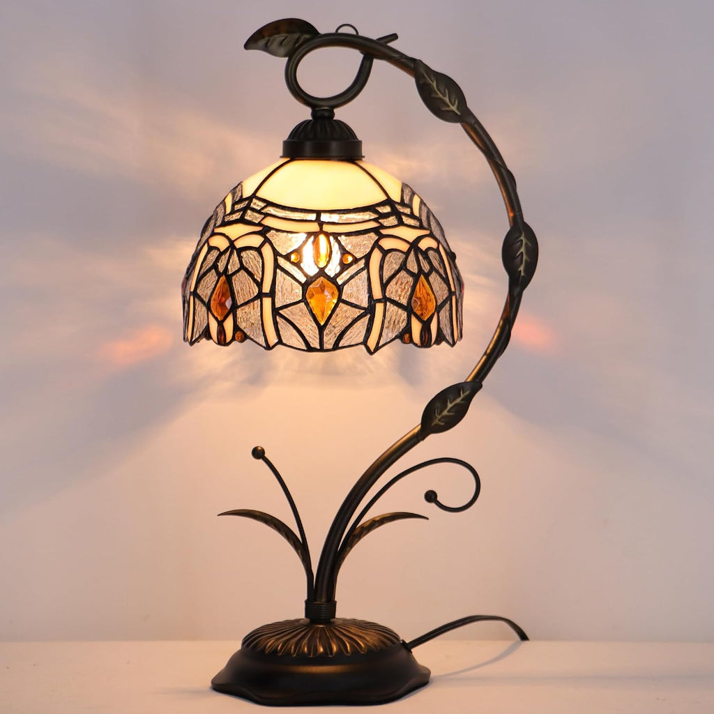 Tiffany Lamp Stained Glass Table Lamp Metal Leaf Base 8X10X19 Inch Reading Desk Light (Crystal Style)