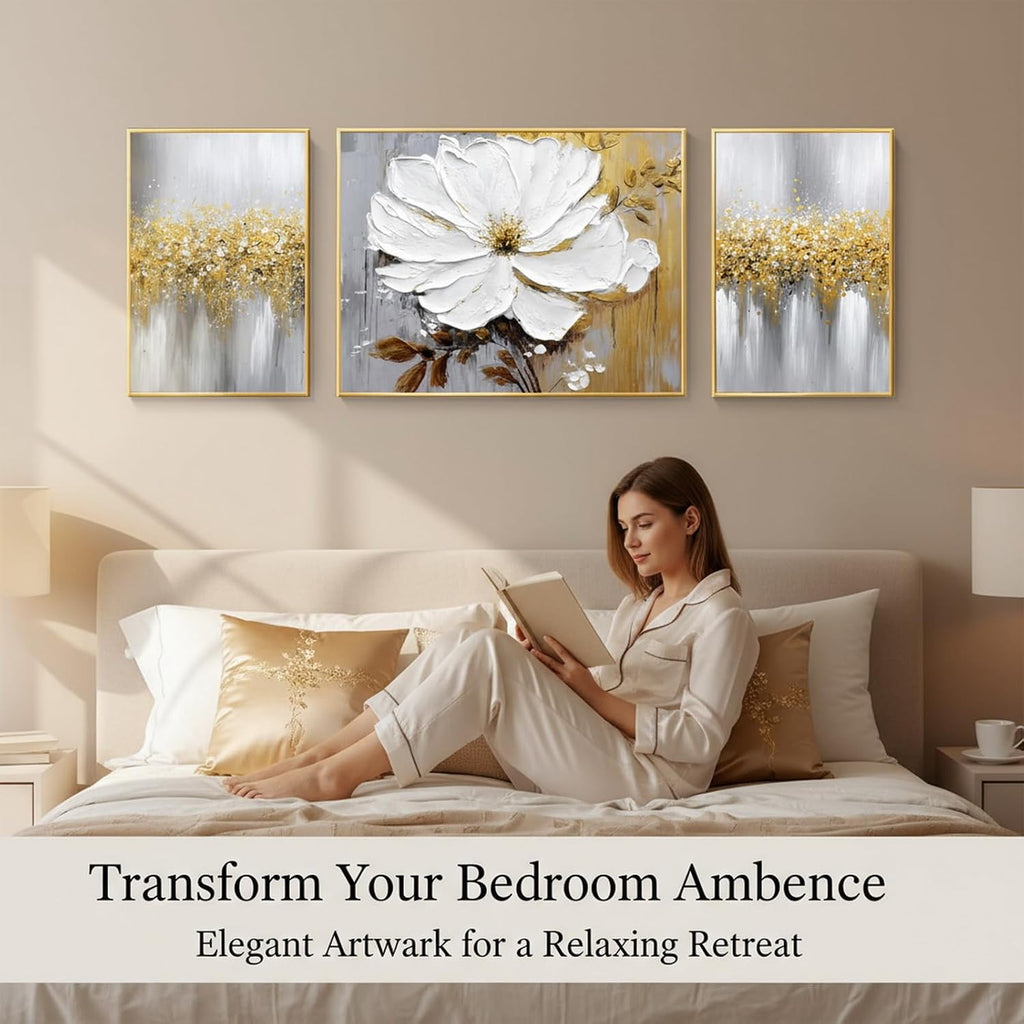 Hand-Painted Floral Canvas Oil Painting for Living Room,Framed 3D Gold and White Abstract Wall Art for Bedroom, Large 3 Pieces Flowerl Wall Painting for Office Kitchen Bathroom Home Decor 24x64 inches