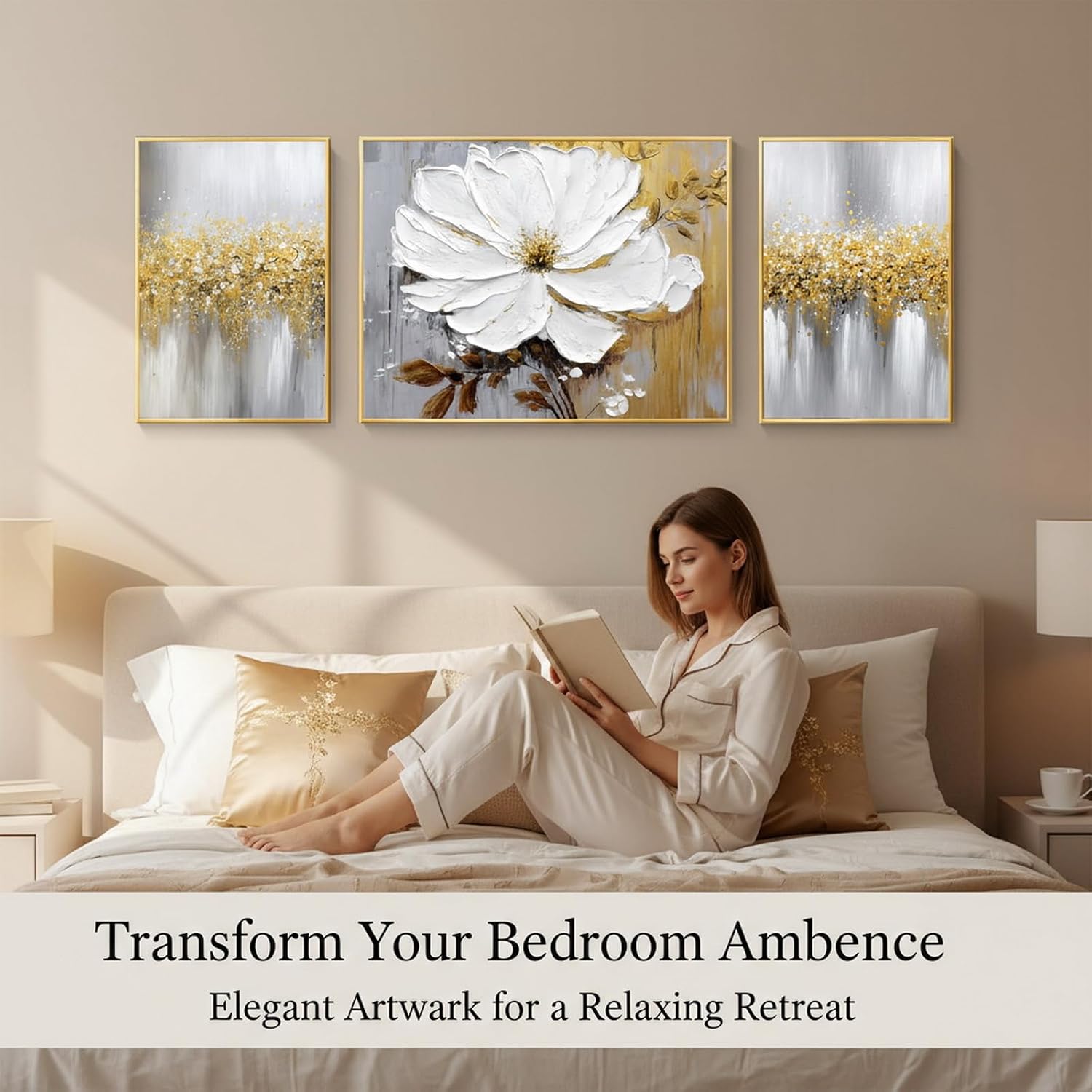 Hand-Painted Floral Canvas Oil Painting for Living Room,Framed 3D Gold and White Abstract Wall Art for Bedroom, Large 3 Pieces Flowerl Wall Painting for Office Kitchen Bathroom Home Decor 24x64 inches