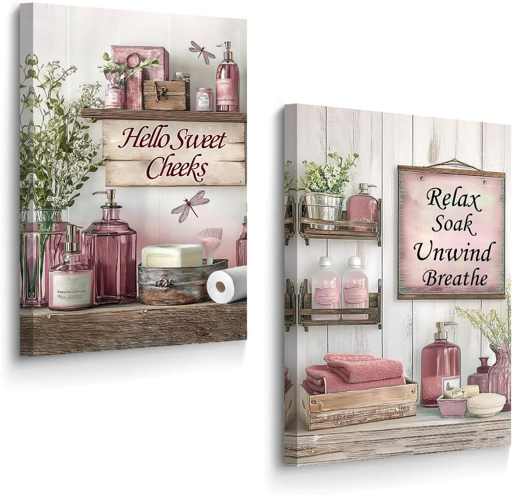 BJYCHG Farmhouse Bathroom Wall Decor 2 Pieces Rustic Bathroom Picture Quotes Sign Canvas Prints Vintage Flower Bottles Painting for Toilet Laundry Framed (Red, 24x36inchx2 Pieces)