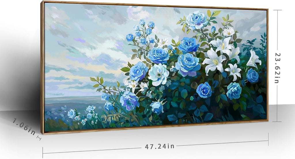 Framed Floral Wall Art for Bedroom Living Room – Blue and White Flowers Canvas Painting with Rustic Wood Frame – Botanical Artwork for Farmhouse & Cottage Décor 48x24 Inch