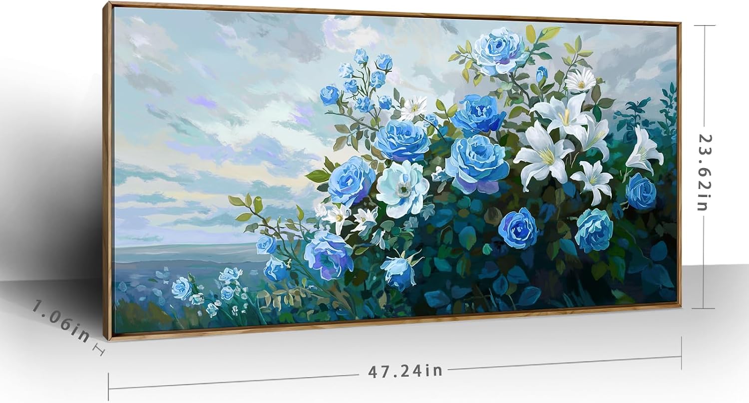 Framed Floral Wall Art for Bedroom Living Room – Blue and White Flowers Canvas Painting with Rustic Wood Frame – Botanical Artwork for Farmhouse & Cottage Décor 48x24 Inch