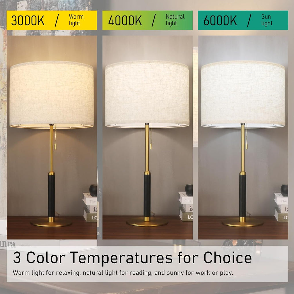 26.4' Set 2 Pull Chain Table Lamp Modern Mid Century Bedside Lamps for Living Room End Tables 3-Color Light for Bedroom, Solid Wood/Metal/Fabric Lamp for Home/Office/Desk (Light Brown+Brass)