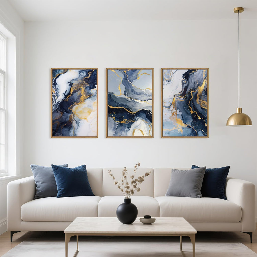 Navy Blue and Gold Framed Canvas Wall Art Set,Mid-Century Modern Abstract Wall Decor,Navy Blue Ink Wash Painting,Neutral Art Print for Living Room,Bedroom,Dining Room,Office - 24'x36'x3