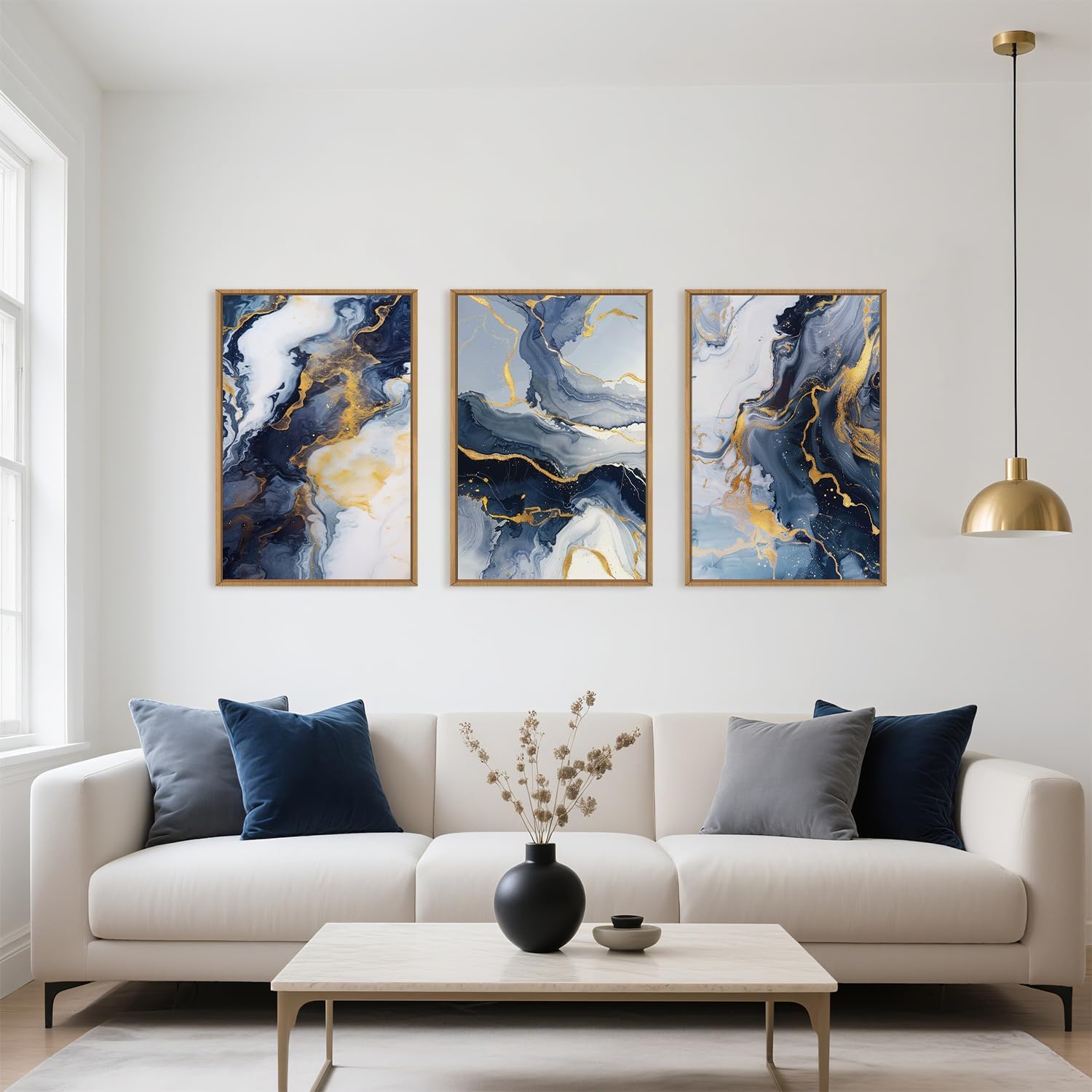 Navy Blue and Gold Framed Canvas Wall Art Set,Mid-Century Modern Abstract Wall Decor,Navy Blue Ink Wash Painting,Neutral Art Print for Living Room,Bedroom,Dining Room,Office - 24'x36'x3