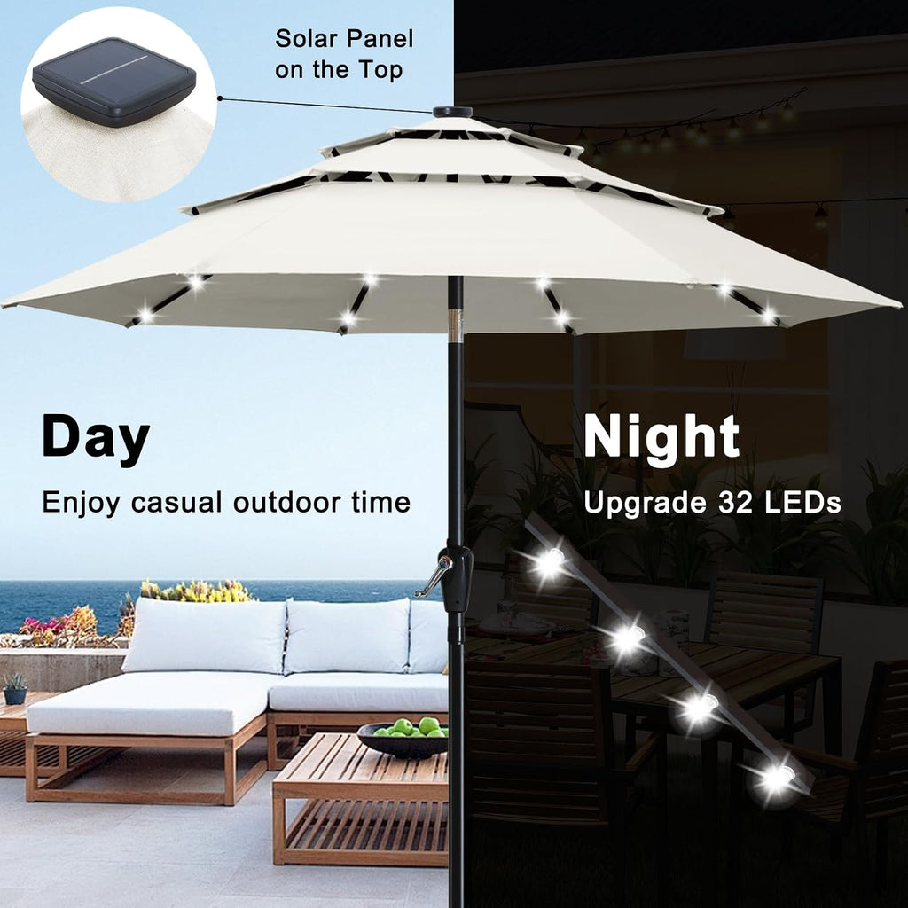 ABCCANOPY 3-Tiers 11FT Solar Patio Umbrella, Outdoor Umbrella with 32 LED Lights for for Deck, Pool, Garden, Backyard (Light Beige)