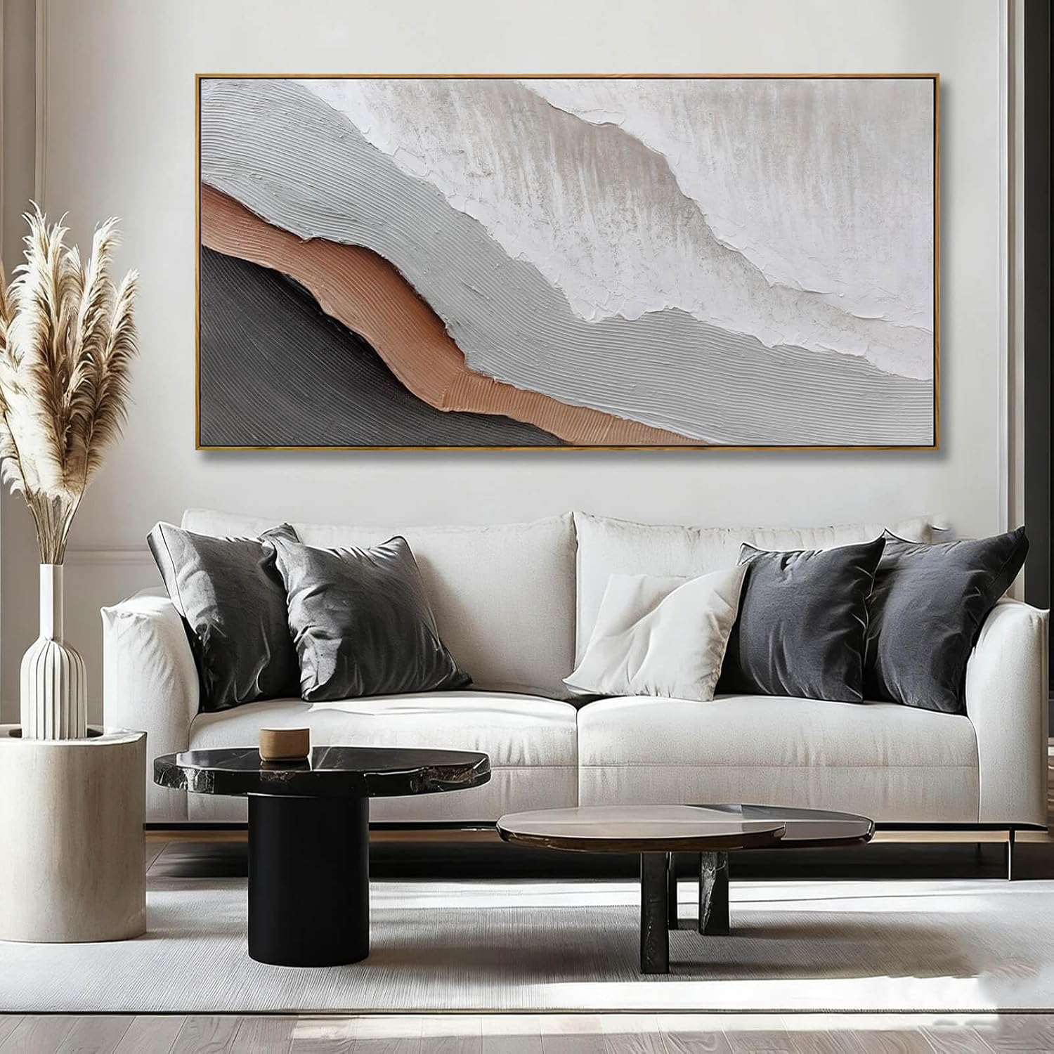Textured White Wall Art,Grey Abstract Artwork,Large Framed Modern Pictures,Wave Landscape Oil Painting 24'x48'for Home Office Gallery