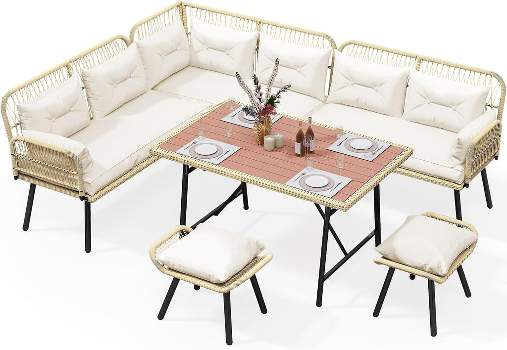 YITAHOME Patio Wicker L-Shaped Furniture Set, All-Weather Rattan Outdoor Conversation Sofa Set for Backyard Deck with Soft Cushions,Ottomans and Plastic Wood Dining Table (Light Brown+Beige)