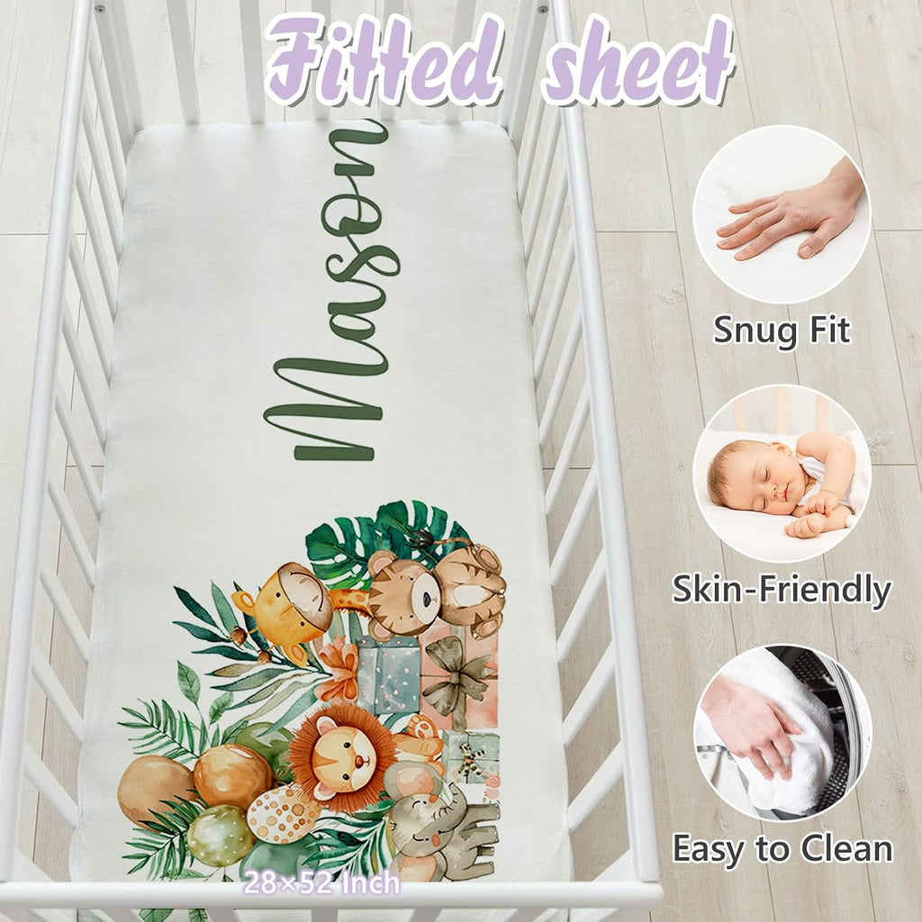 Custom Baby Crib Bedding Set, 5 PCS Personalized Name Baby Crib Sets for Girls Boys, Forest Animals Theme Nursery Bedding Sets for Infant Toddler, Double Layer Flannel Bed Set Customized Gifts