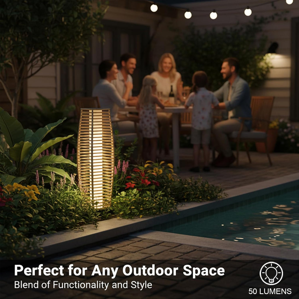 Rattan Outdoor Floor Lamp Set of 2, Boho Solar Porch Lights Outdoor Waterproof for Patio, Garden, Balcony & Deck, Natural (Horizontal)