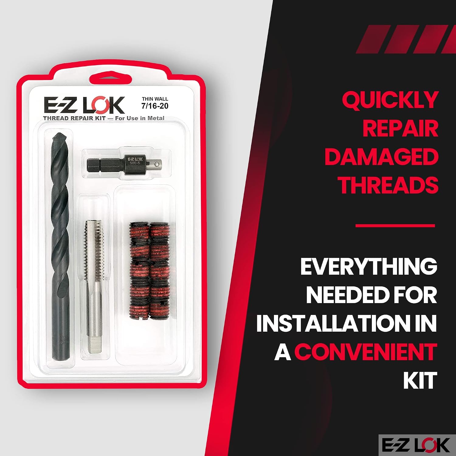 E-Z LOK EZ-310-720 Thread Repair Kit for Metal Carbon Steel Threaded Inserts 7/16-20 and Installation Tools