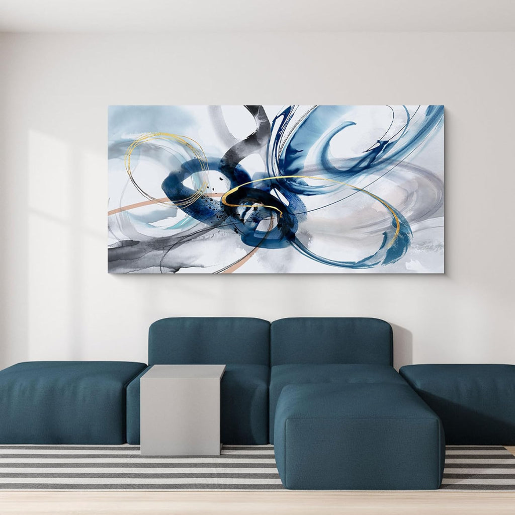 yiijeah Modern Large Abstract Wall Art - Bright and Bold Line Design - Blue and White Canvas Picture Artwork Wall art for living room and office Oversized Abstract wall Decor