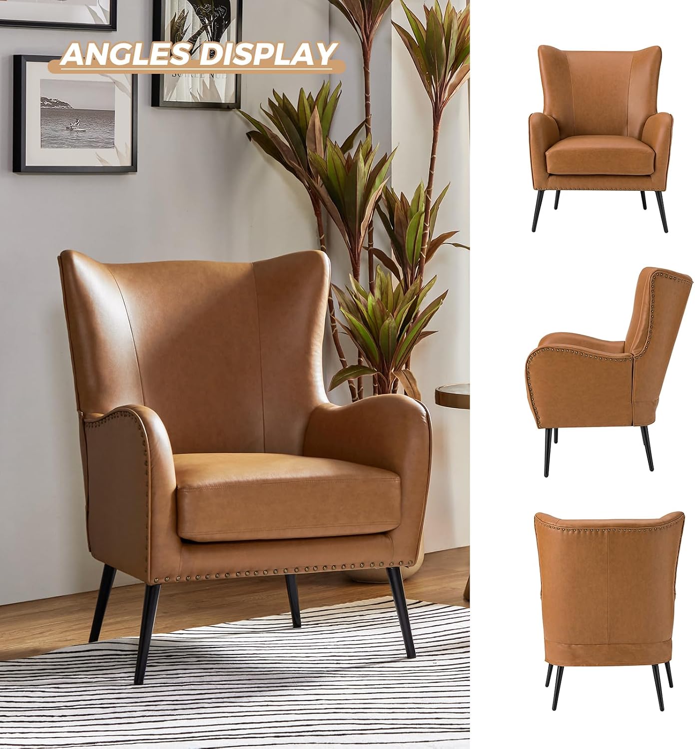 HULALA HOME Faux Leather Accent Chair Set of 2 with Removable Cushion, Comfy Upholstered Armchair with Metal Legs & Nailhead Trim Wingback Vanity Chair for Reading Living Room Bedroom, Camel