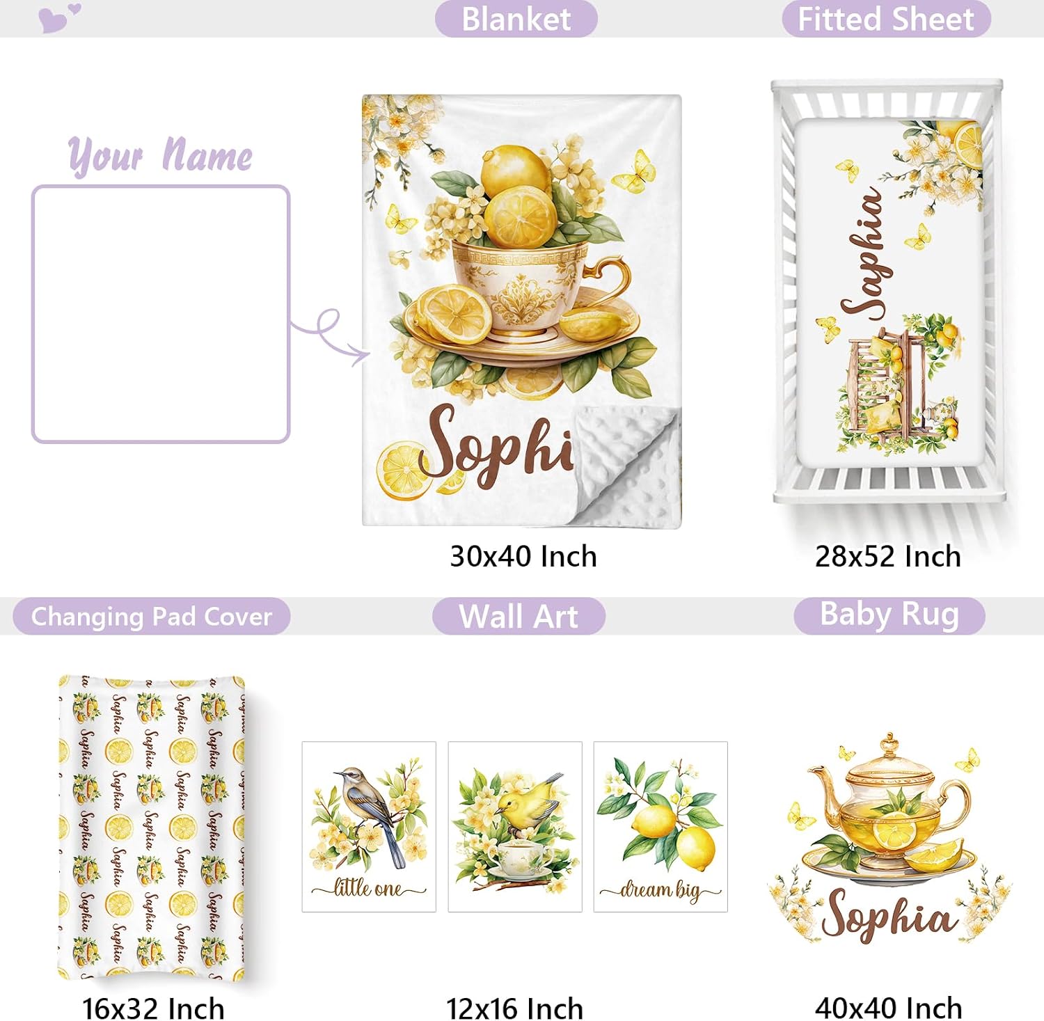 Personalized Baby Crib Bedding Set, 5 Pcs Custom Name Nursery Bedding Set for Girls Boys, Lemon Bird Baby Crib Set for Toddlers Infants, Double Layer Bedding Crib Sets Customized Gifts